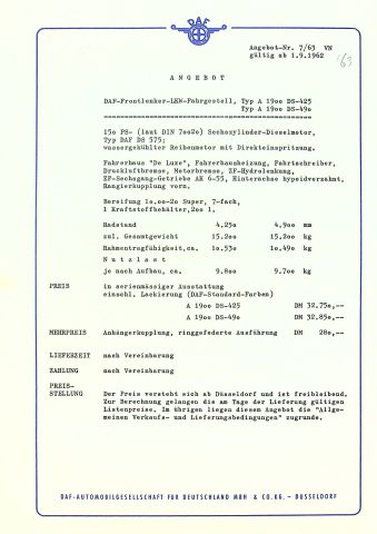 DAF LKW A 1900 - technische Beschreibung - Prospekt 09/1962