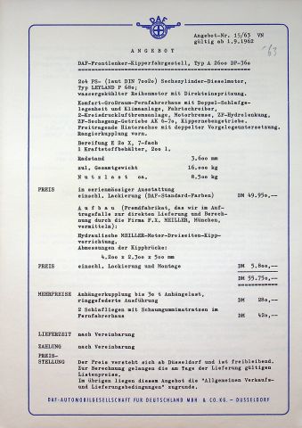 DAF LKW A 2600 - technische Beschreibung - Prospekt 09/1962