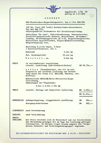 DAF LKW A 1700 DSD 360 - technische Beschreibung - Prospekt 09/1962
