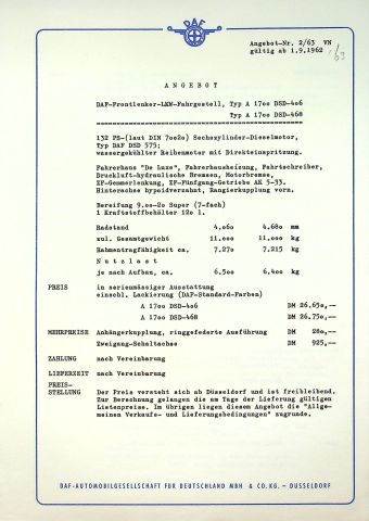 DAF LKW A 1700 DSD 406 - technische Beschreibung - Prospekt 09/1962