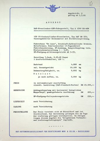 DAF LKW A 1300 - technische Beschreibung - Prospekt 03/1961