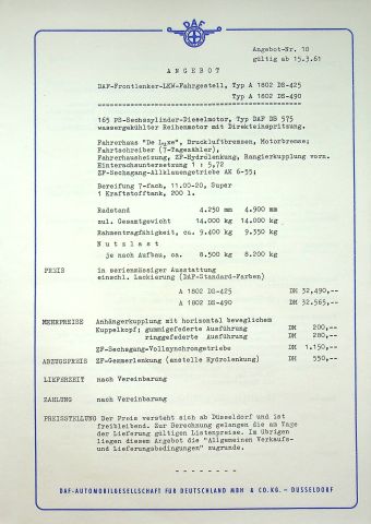 DAF LKW A 2000 - technische Beschreibung - Prospekt 03/1961