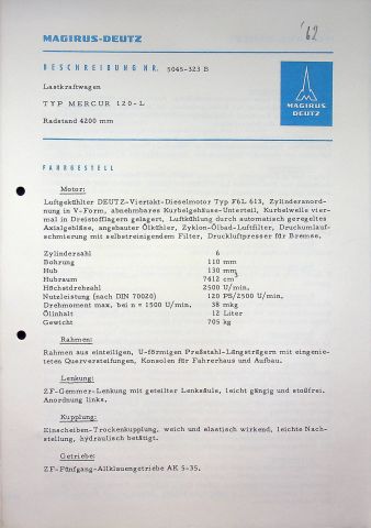 Magirus-Deutz LKW Mercur 120 L - technische Beschreibung - Prospekt 08/1961