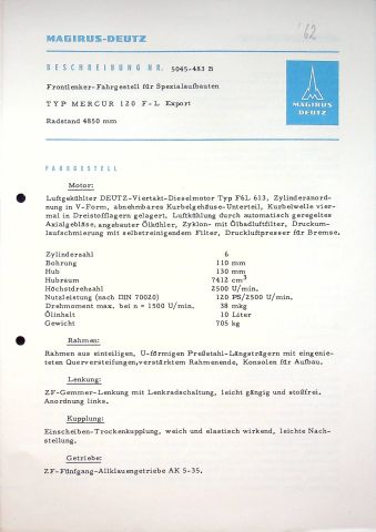 Magirus-Deutz LKW Mercur 120 F - L - technische Beschreibung - Prospekt 09/1961