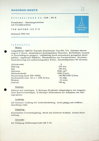 Magirus-Deutz LKW Saturn 150 F - S - technische Beschreibung - Prospekt 05/1961