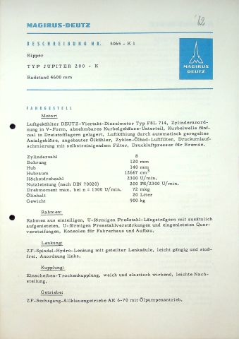 Magirus-Deutz LKW Jupiter 200 K - technische Beschreibung - Prospekt 09/1961