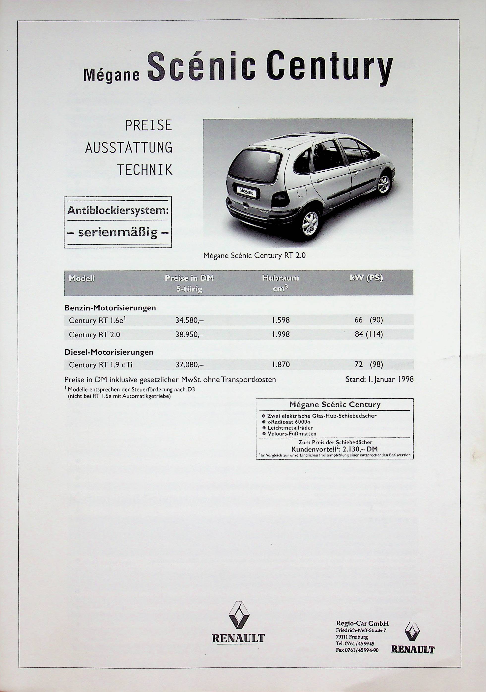 Renault Megane Scenic Century - Preise & t. Daten & Ausstattungen - Prospekt 01/1998