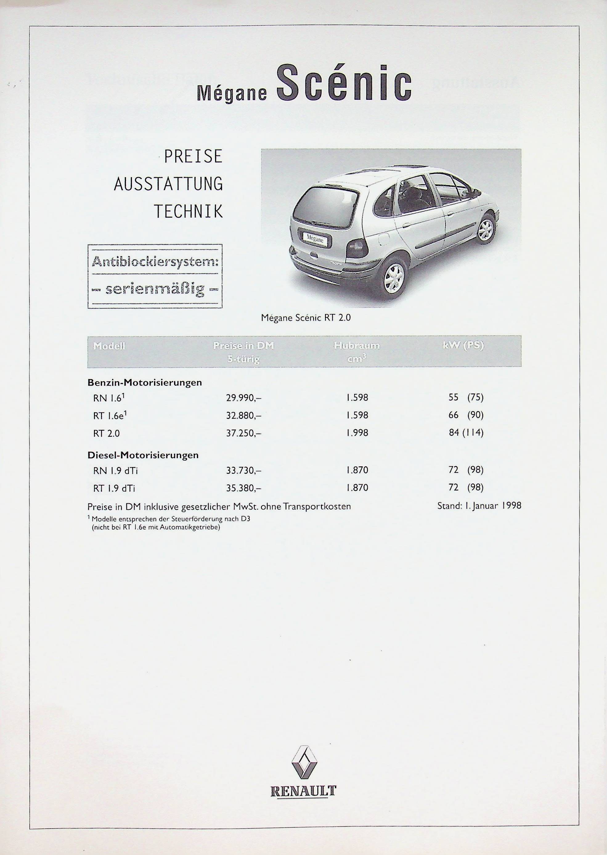 Renault Megane Scenic - Preise & tech. Daten & Ausstattungen - Prospekt 01/1998