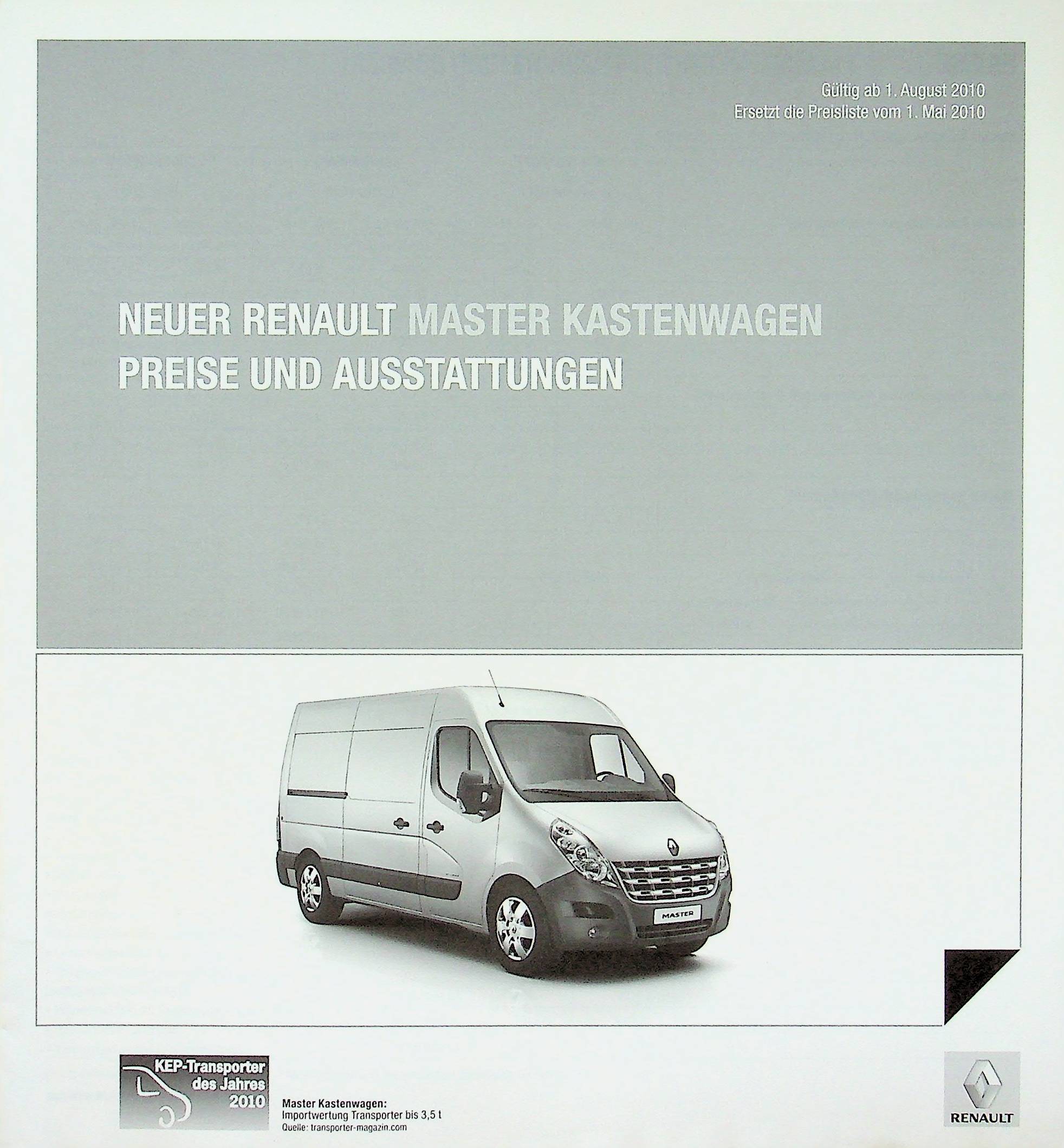 Renault Master Kastenwagen - Preisliste & Extras - Prospekt 08/2010