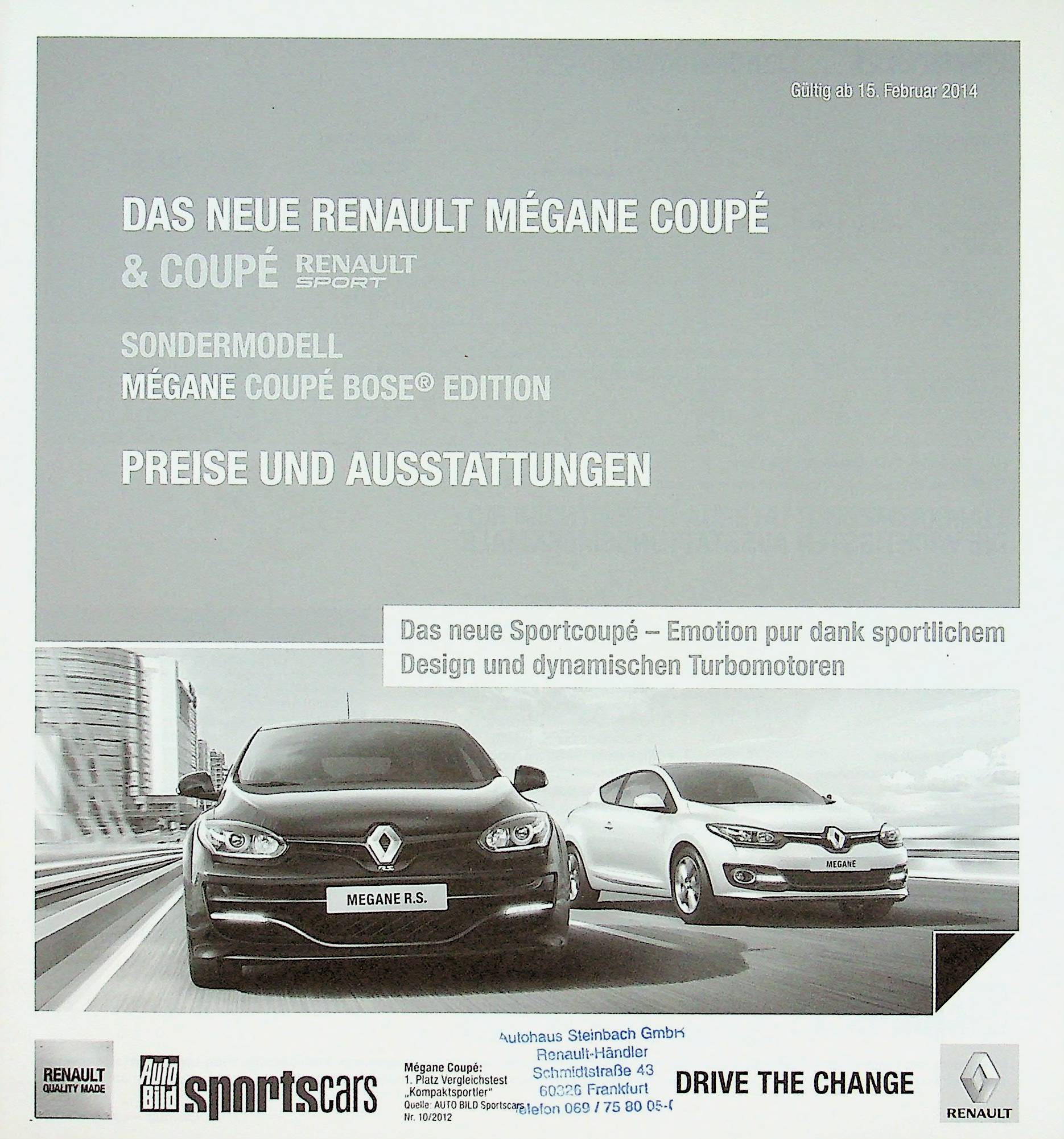 Renault Megane Coupe + RS - Preisliste & Extras - Prospekt 02/2014
