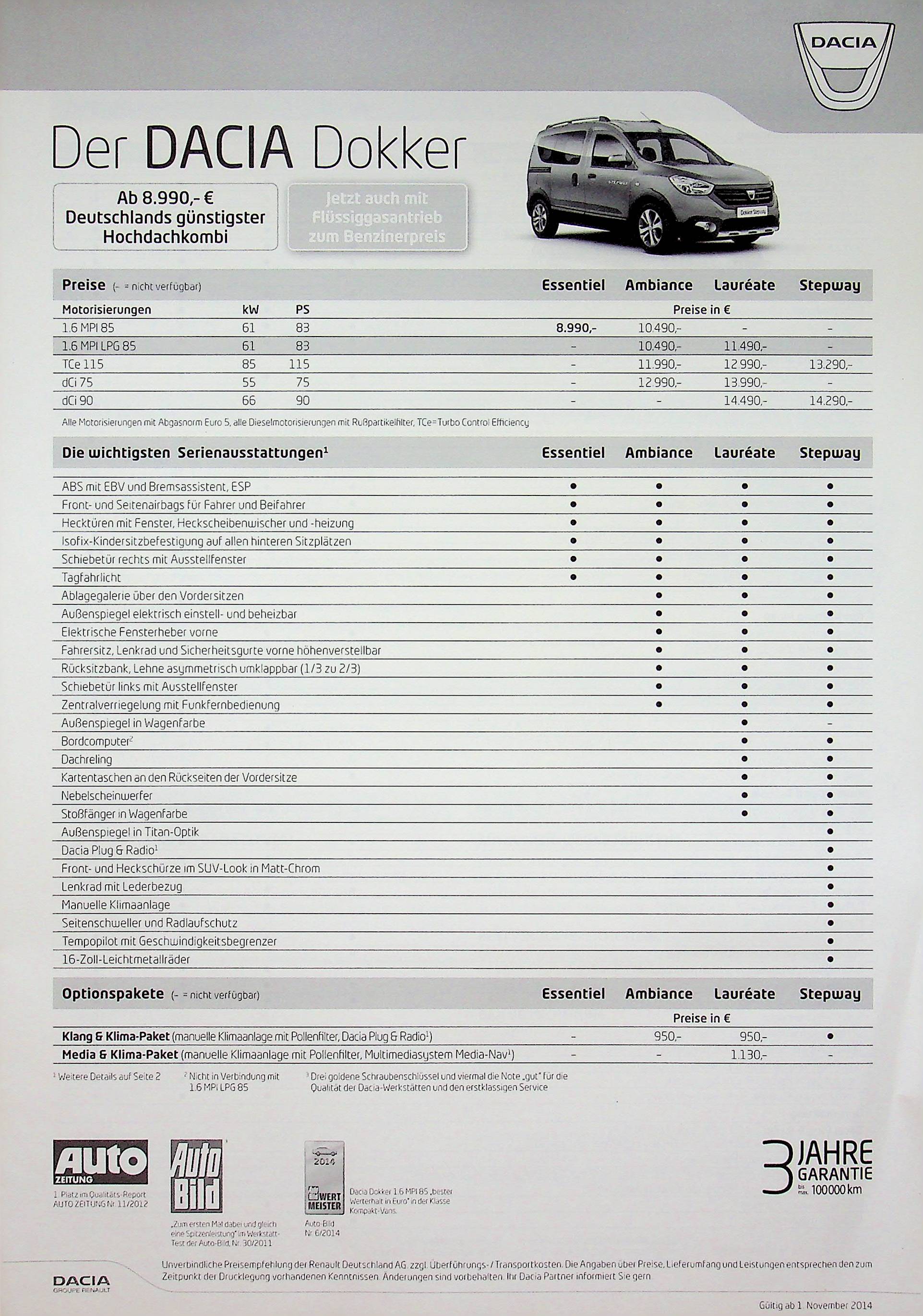 Dacia Dokker - Preisliste & Extras - Prospekt 11/2014