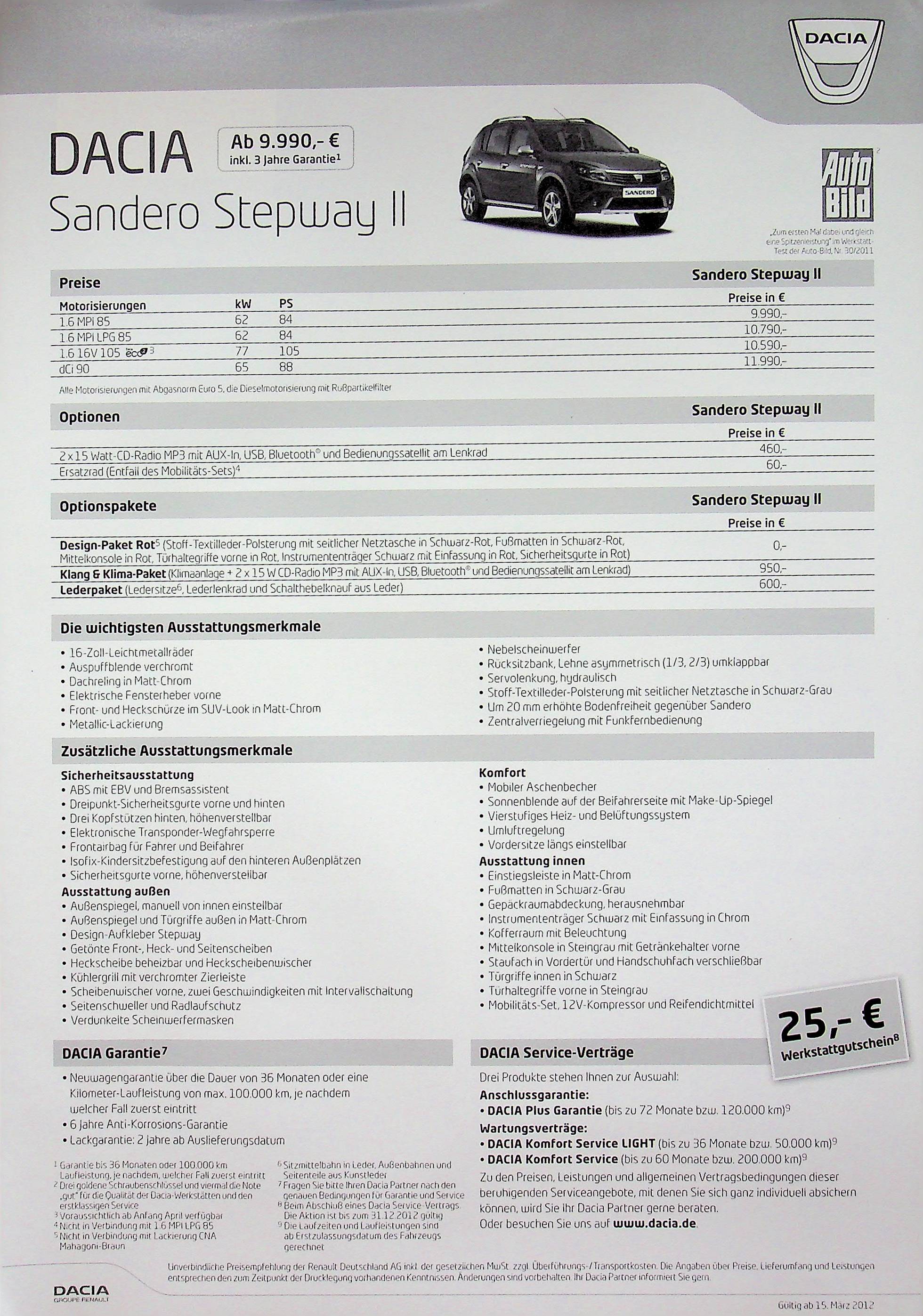 Dacia Sandero Stepway II - Preisliste & Extras - Prospekt 03/2012