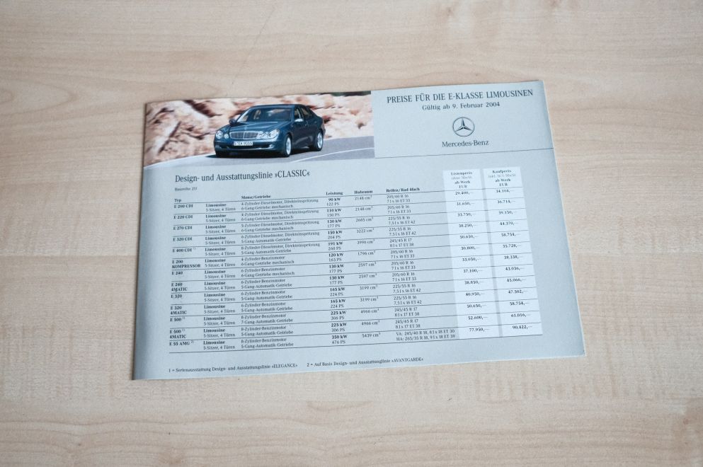 Mercedes E-Klasse W211 - Preisliste & Extras - Prospekt 02/2004