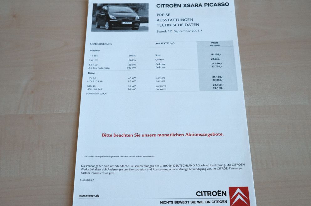 Citroen Xsara Picasso - Preisliste & Extras - Prospekt 09/2005