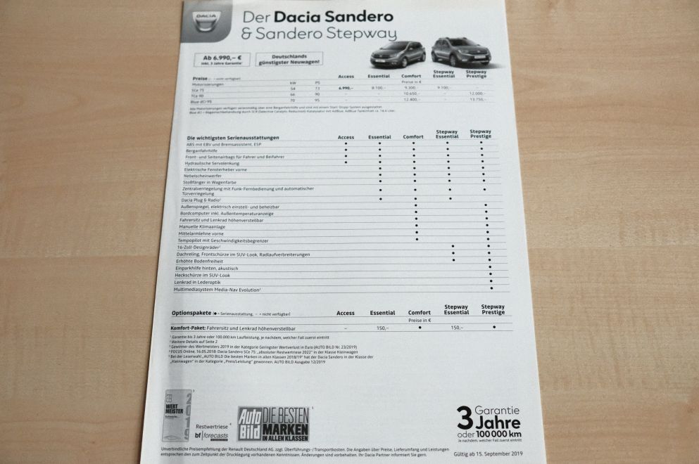 Dacia Sandero + Stepway - Preisliste & Extras - Prospekt 09/2019