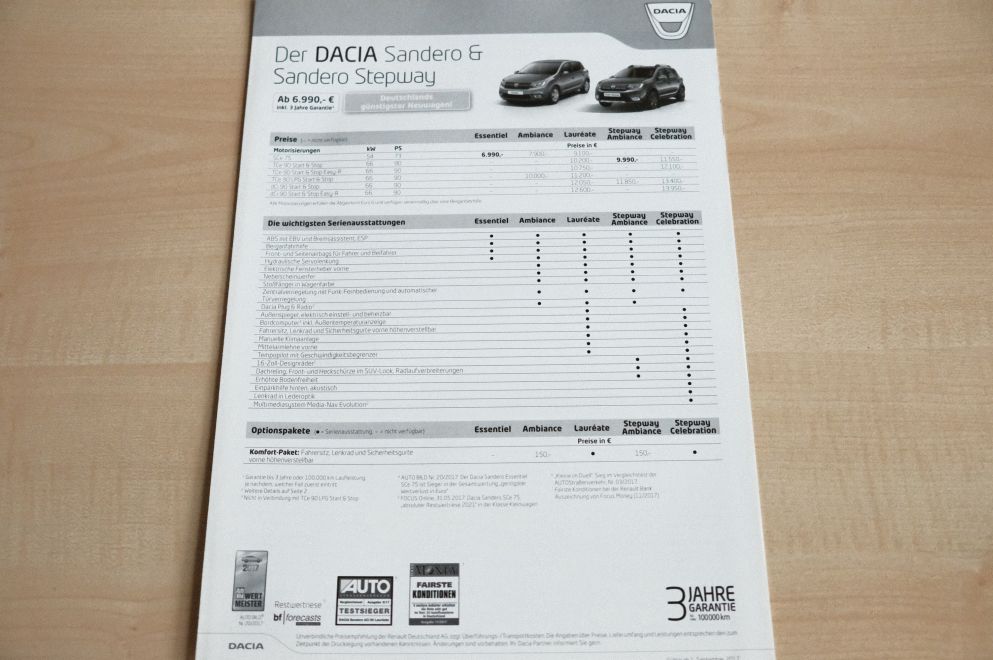 Dacia Sandero + Stepway - Preisliste & Extras - Prospekt 09/2017