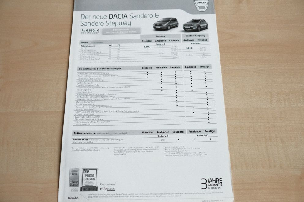Dacia Sandero + Stepway - Preisliste & Extras - Prospekt 11/2016