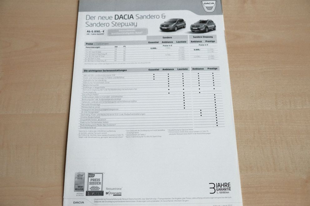 Dacia Sandero + Stepway - Preisliste & Extras - Prospekt 01/2017