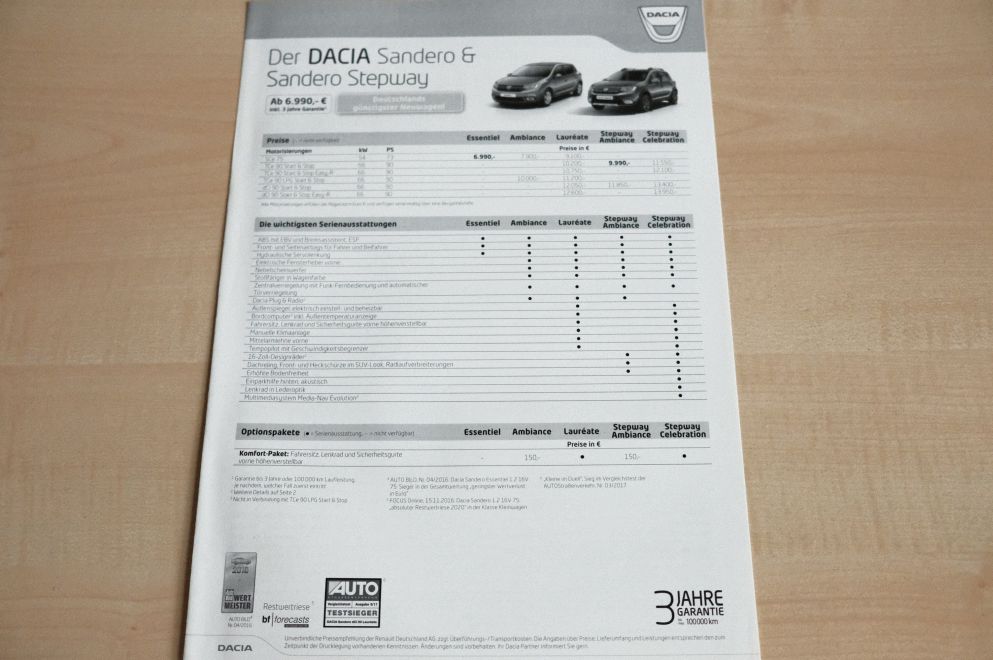 Dacia Sandero + Stepway - Preisliste & Extras - Prospekt 04/2017