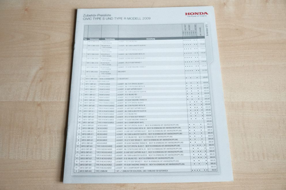 Honda Civic Type S R - Zubehör Preisliste - Prospekt 2009