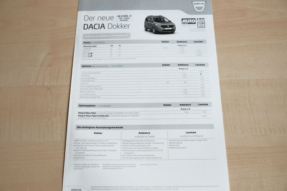 Dacia Dokker - Preisliste & Extras - Prospekt 04/2013