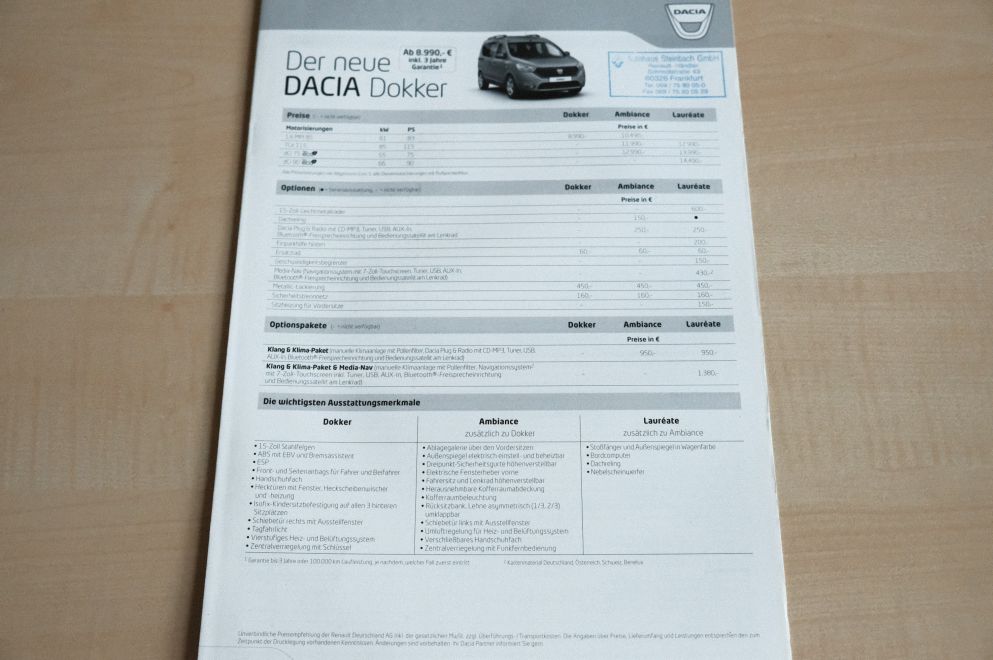 Dacia Dokker - Preisliste & Extras - Prospekt 12/2012