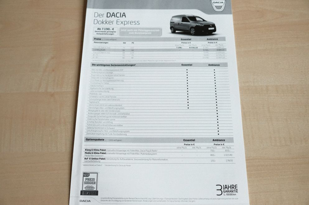 Dacia Dokker Express - Preisliste & Extras - Prospekt 02/2016