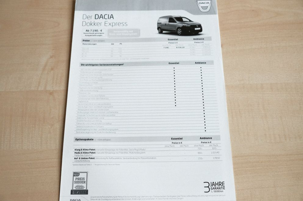 Dacia Dokker Express - Preisliste & Extras - Prospekt 05/2016
