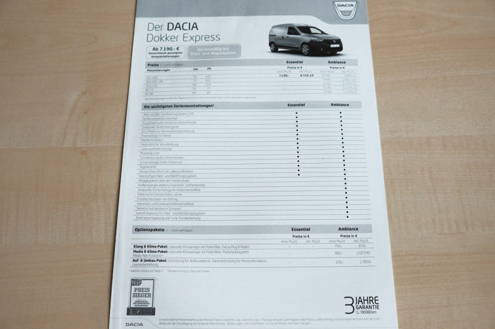 Dacia Dokker Express - Preisliste & Extras - Prospekt 01/2017