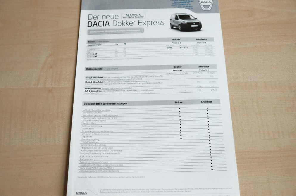 Dacia Dokker Express - Preisliste & Extras - Prospekt 06/2013