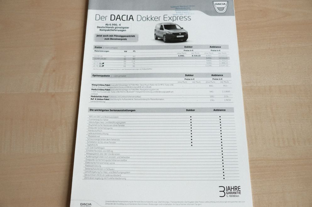 Dacia Dokker Express - Preisliste & Extras - Prospekt 01/2014