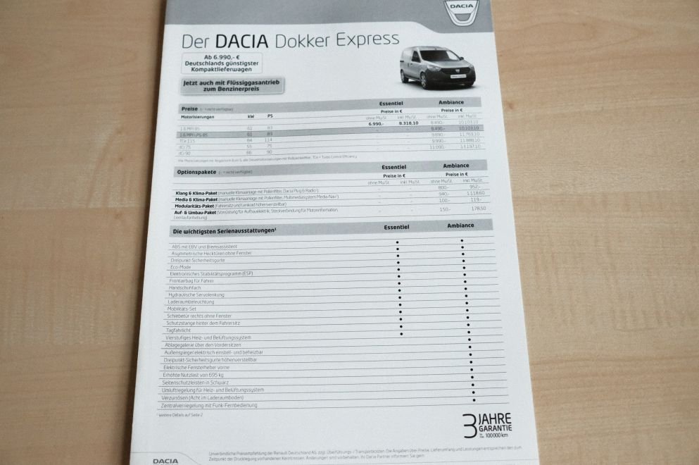 Dacia Dokker Express - Preisliste & Extras - Prospekt 07/2014
