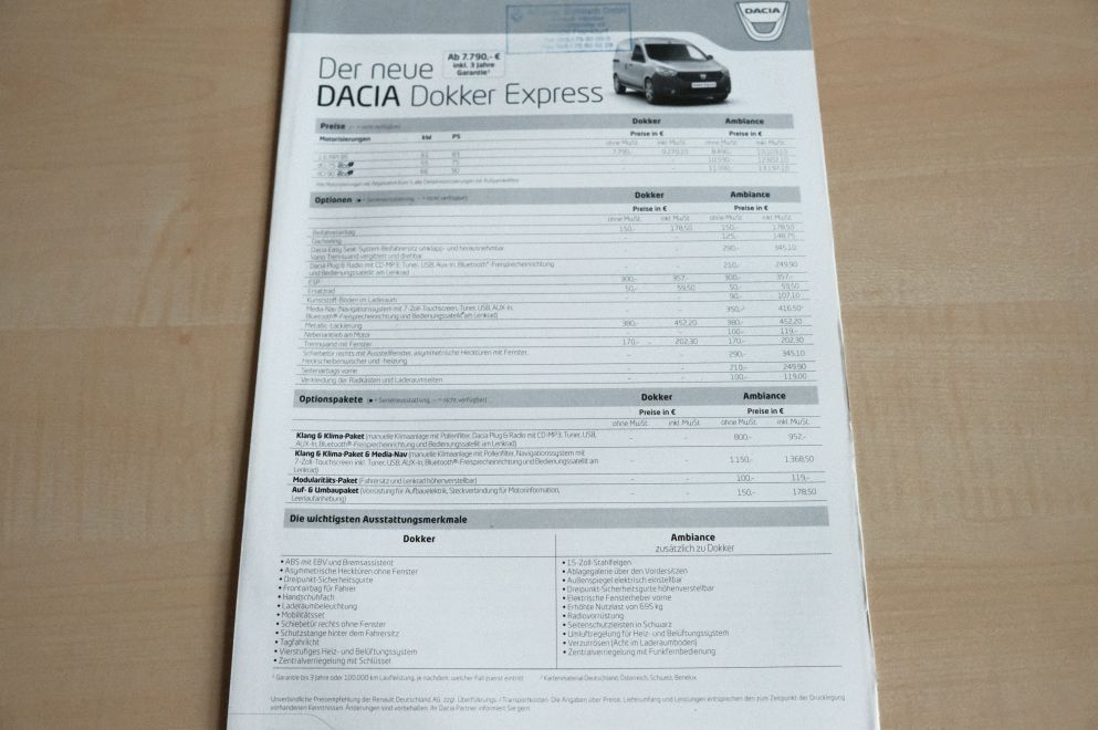 Dacia Dokker Express - Preisliste & Extras - Prospekt 12/2012