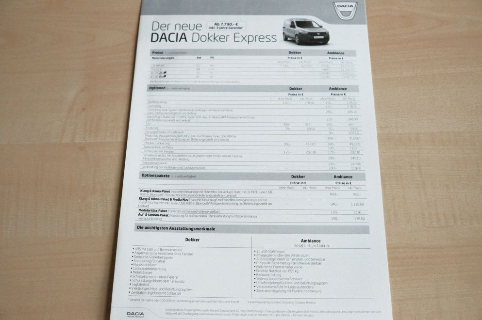 Dacia Dokker Express - Preisliste & Extras - Prospekt 02/2013