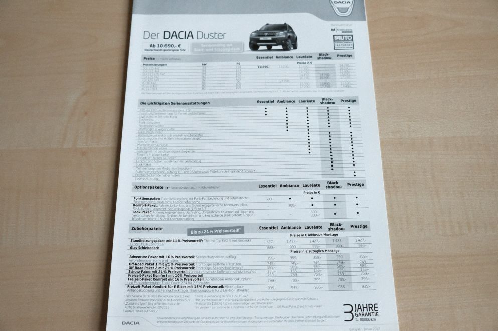 Dacia Duster - Preisliste & Extras - Prospekt 01/2017