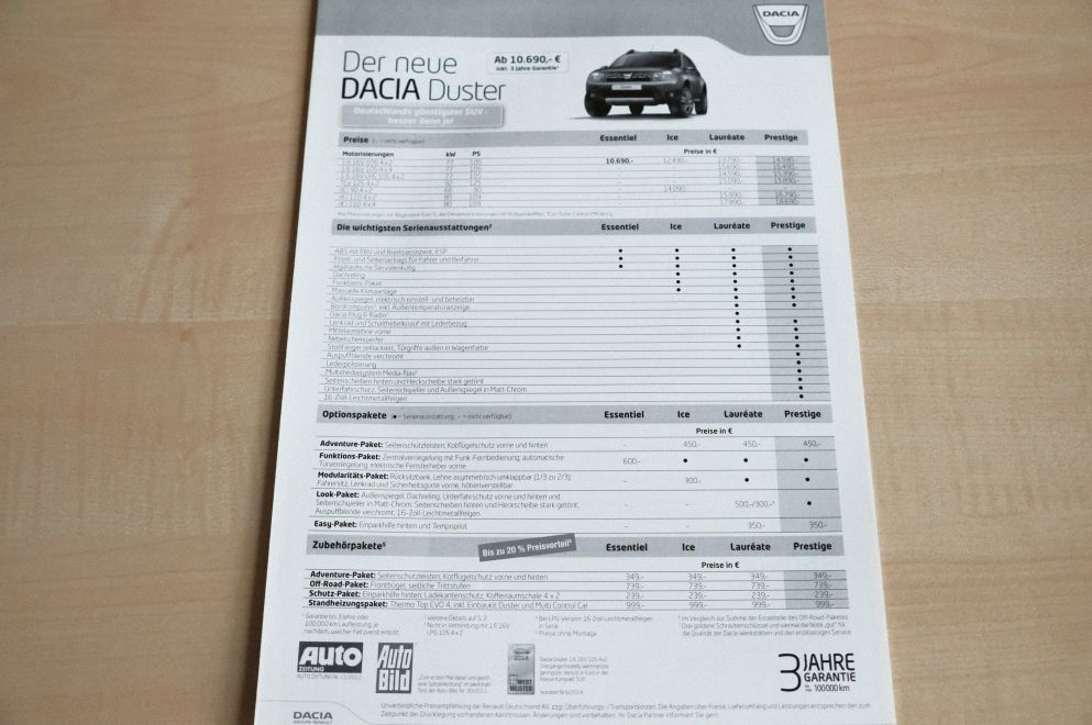 Dacia Duster - Preisliste & Extras - Prospekt 09/2014
