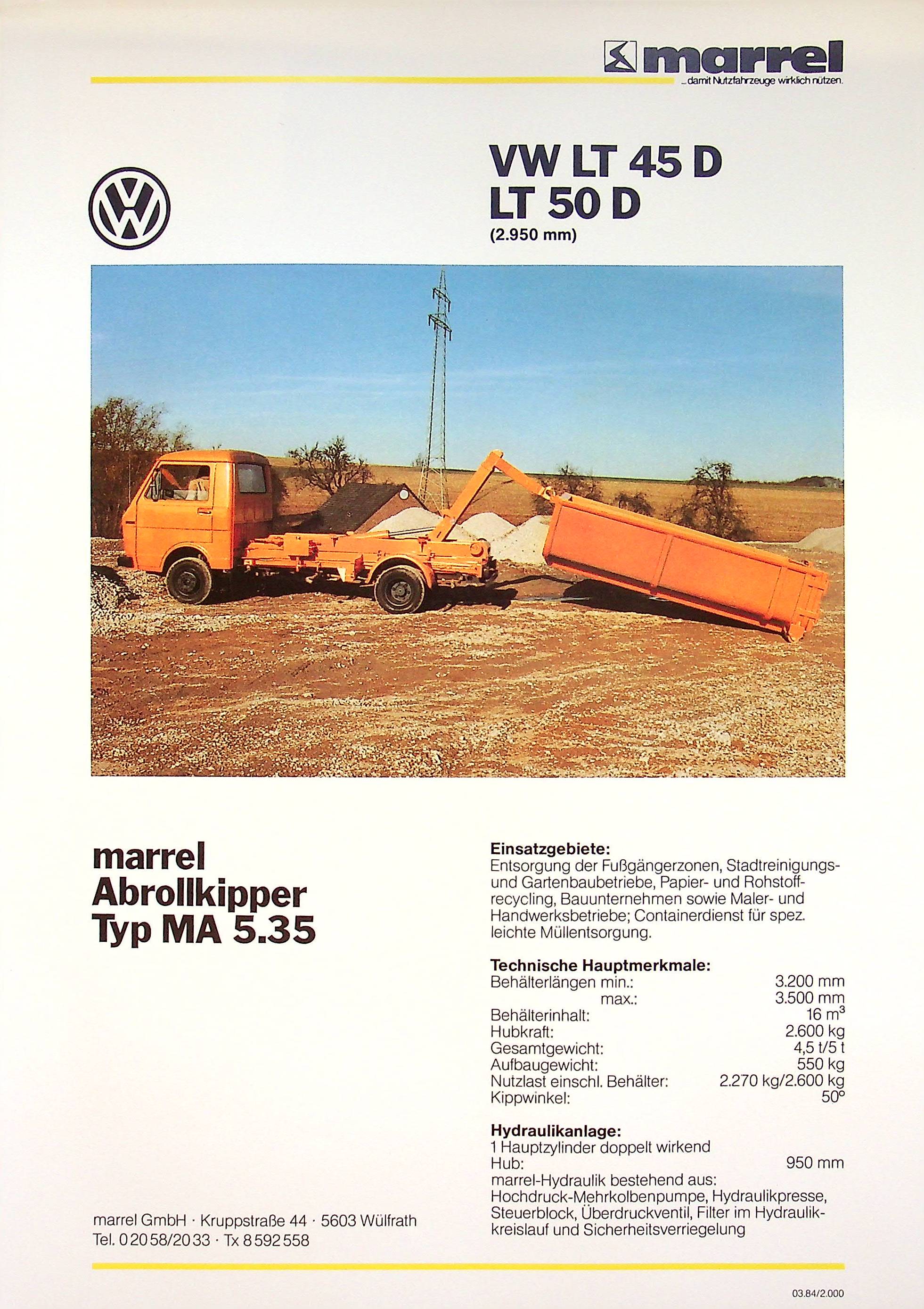 VW Bus LT 45 50 D Kipper Marrel Prospekt 03/1984