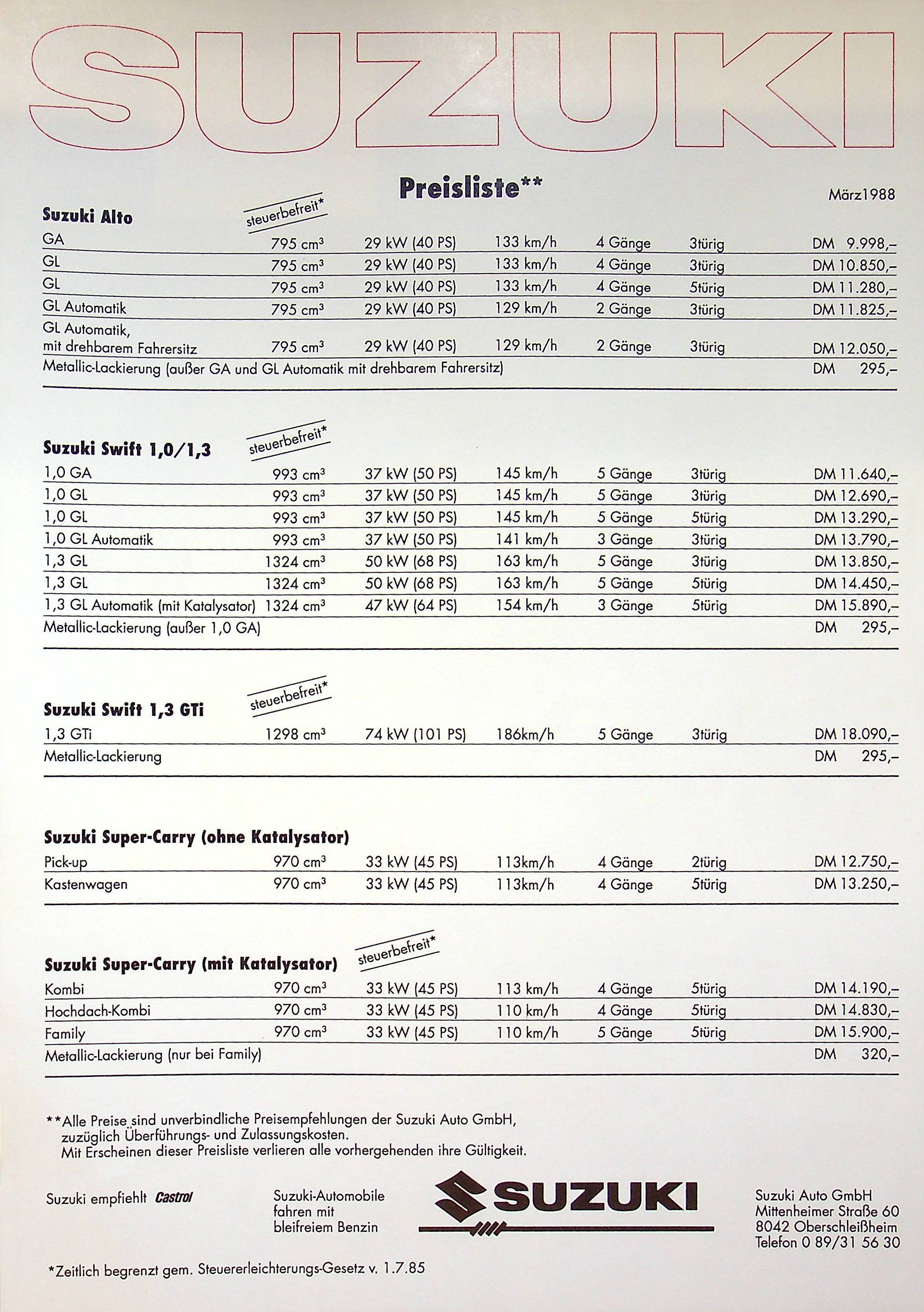 Suzuki Swift Super Carry Samurai - Preisliste & Extras - Prospekt 03/1988