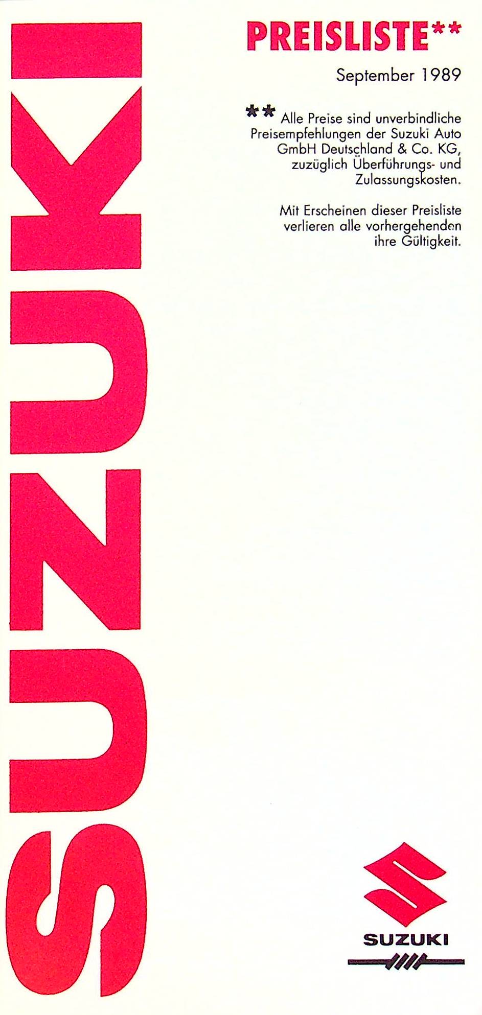 Suzuki Swift Super Carry Samurai - Preisliste & Extras - Prospekt 09/1989