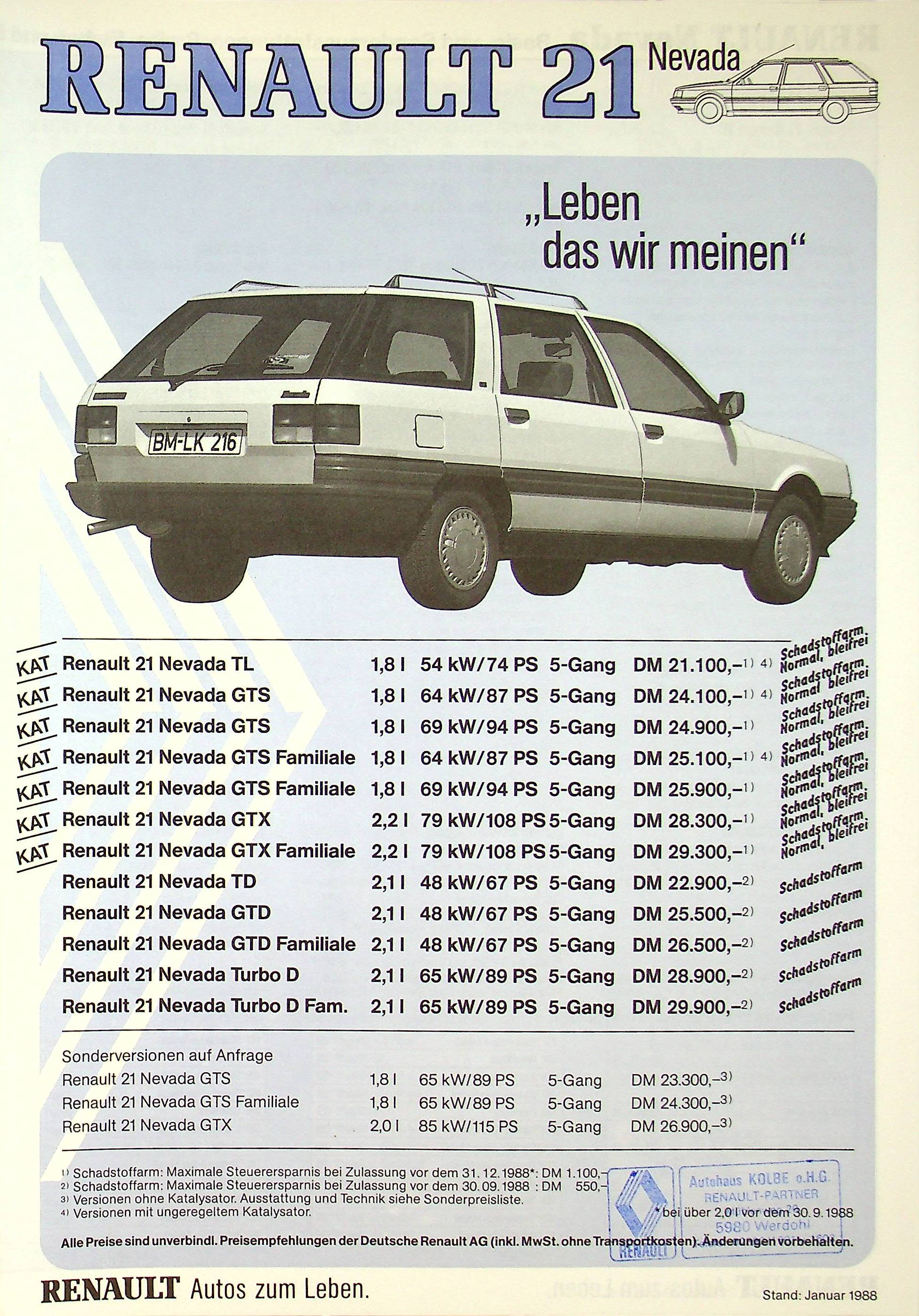 Renault R 21 Navada - Preisliste & Extras - Prospekt 01/1988