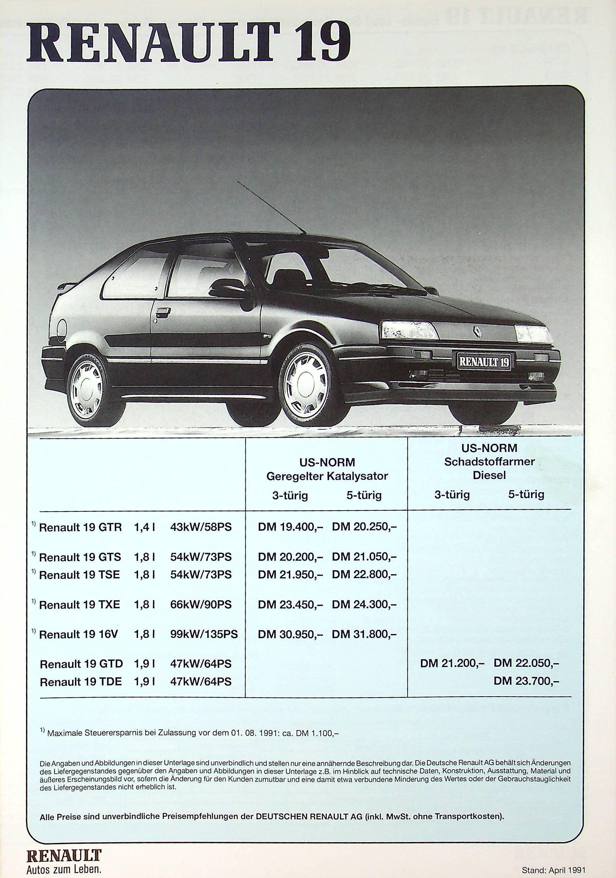 Renault R 19 - Preisliste & Extras - Prospekt 04/1991