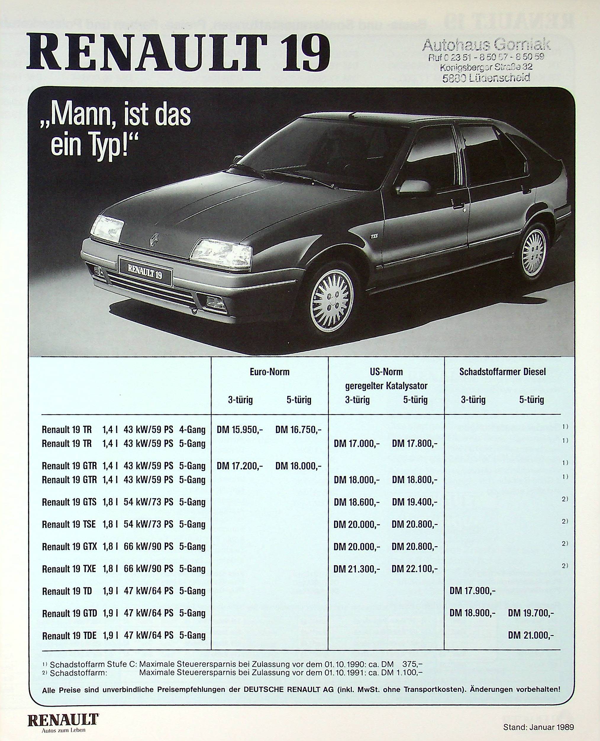 Renault R 19 - Preisliste & Extras - Prospekt 01/1989