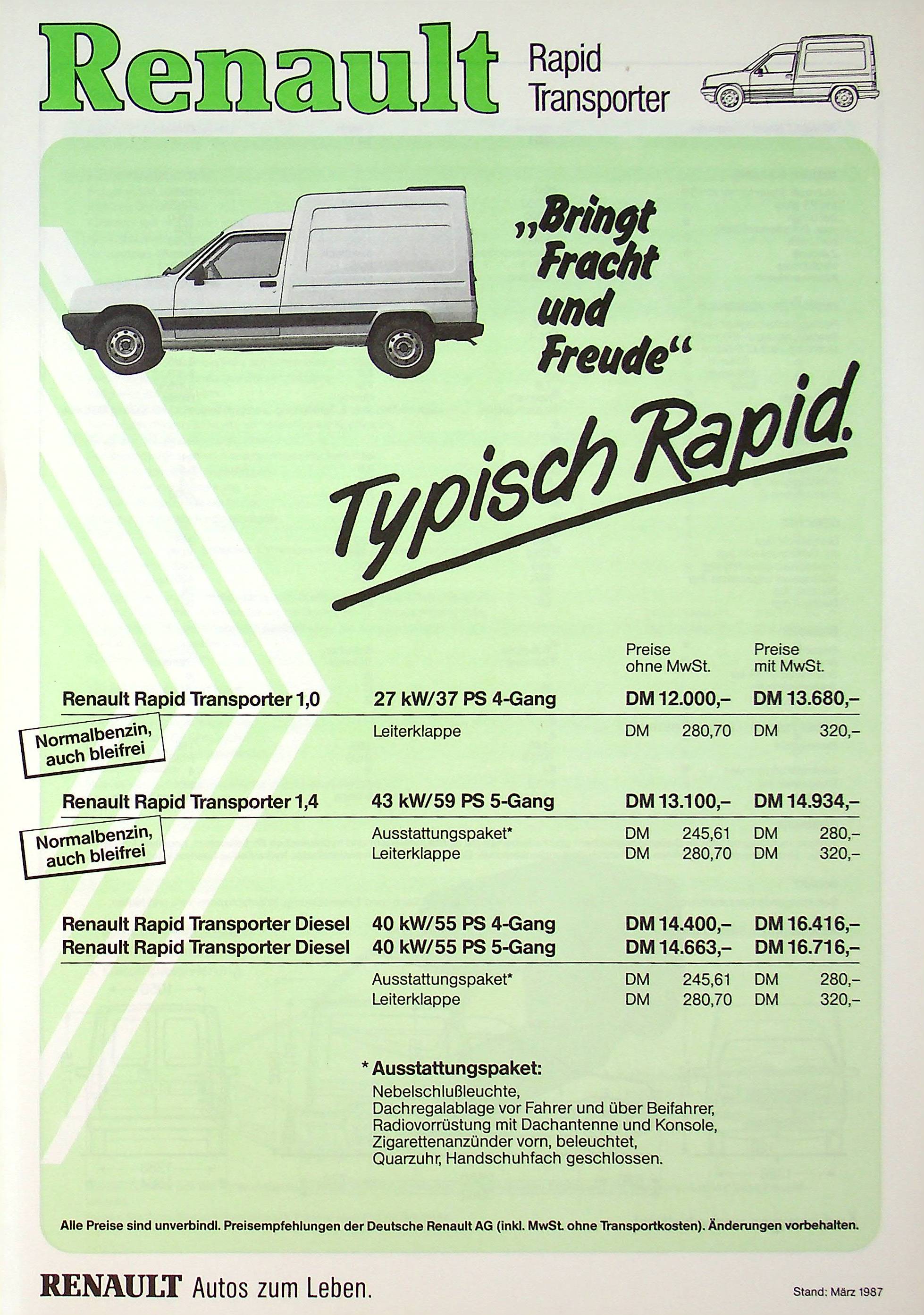 Renault Rapid Transporter - Preisliste & Extras & - Prospekt 03/1987