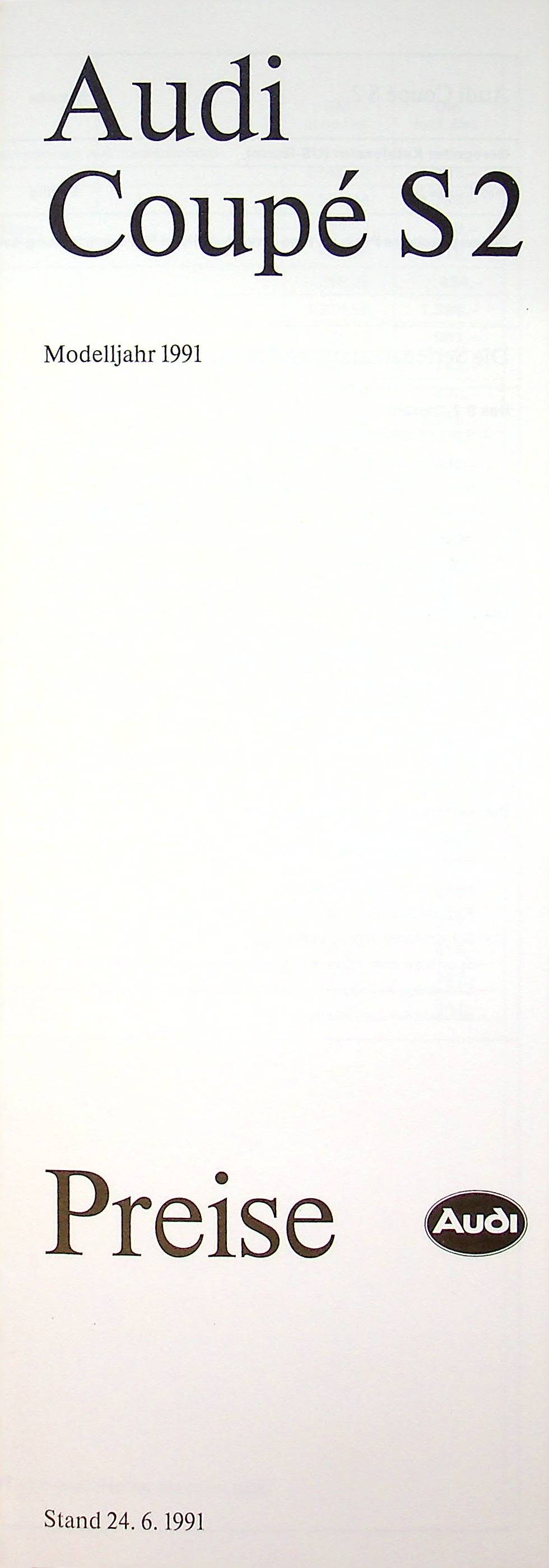 Audi Coupe S2 - Preisliste & Extras - Prospekt 06/1991