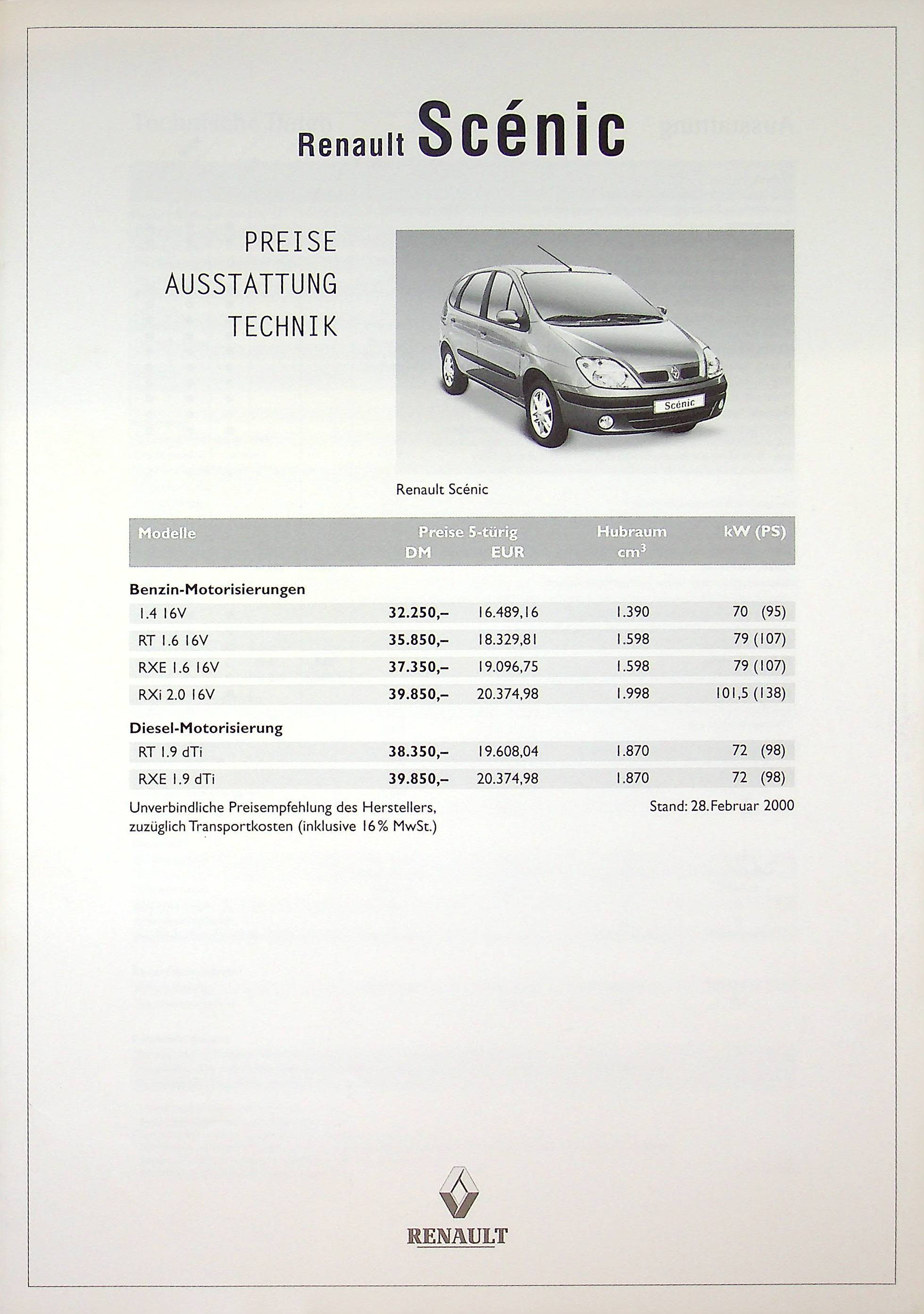 Renault Scenic - Preisliste & Extras - Prospekt 02/2000