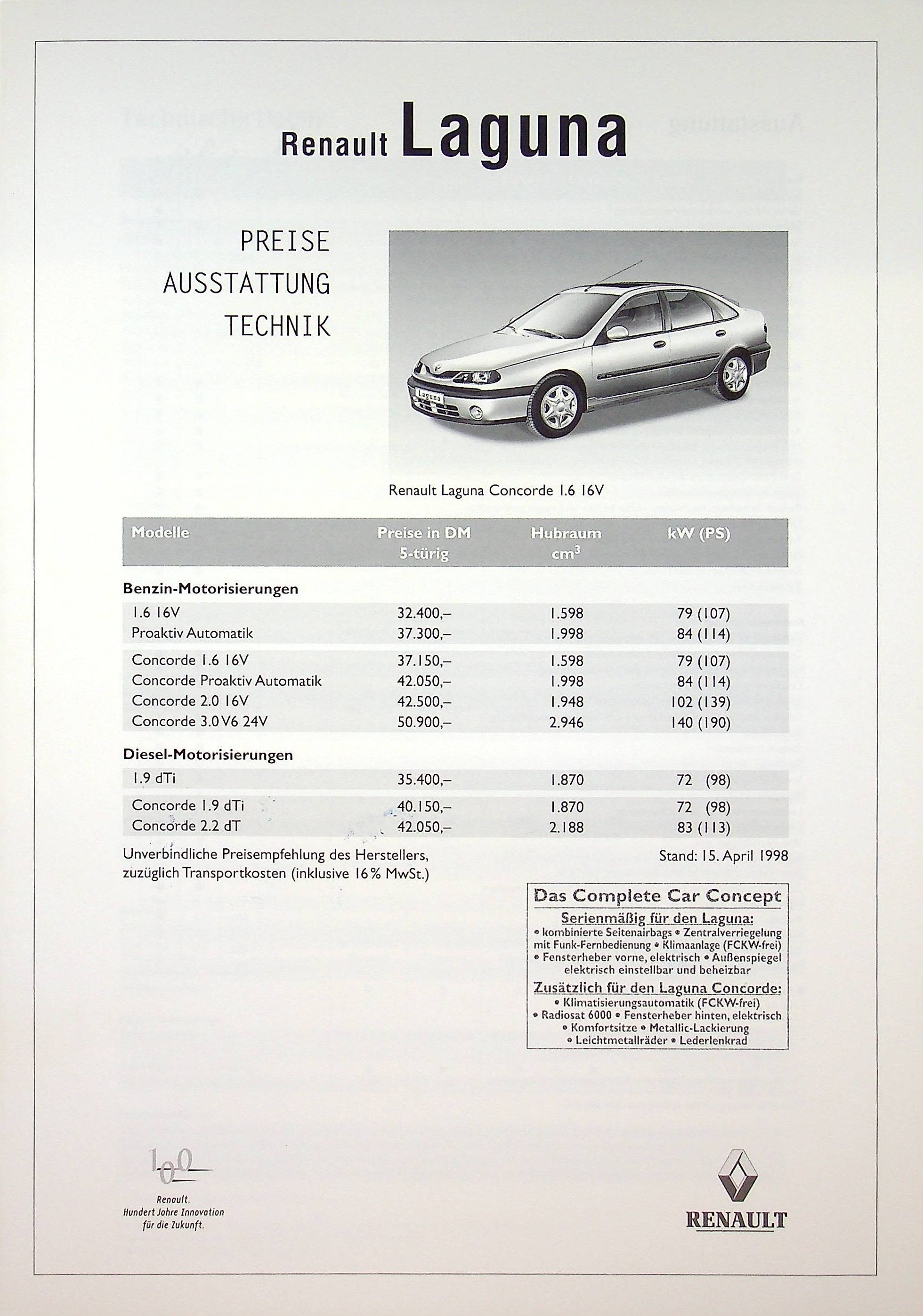 Renault Laguna - Preisliste & Extras - Prospekt 04/1998