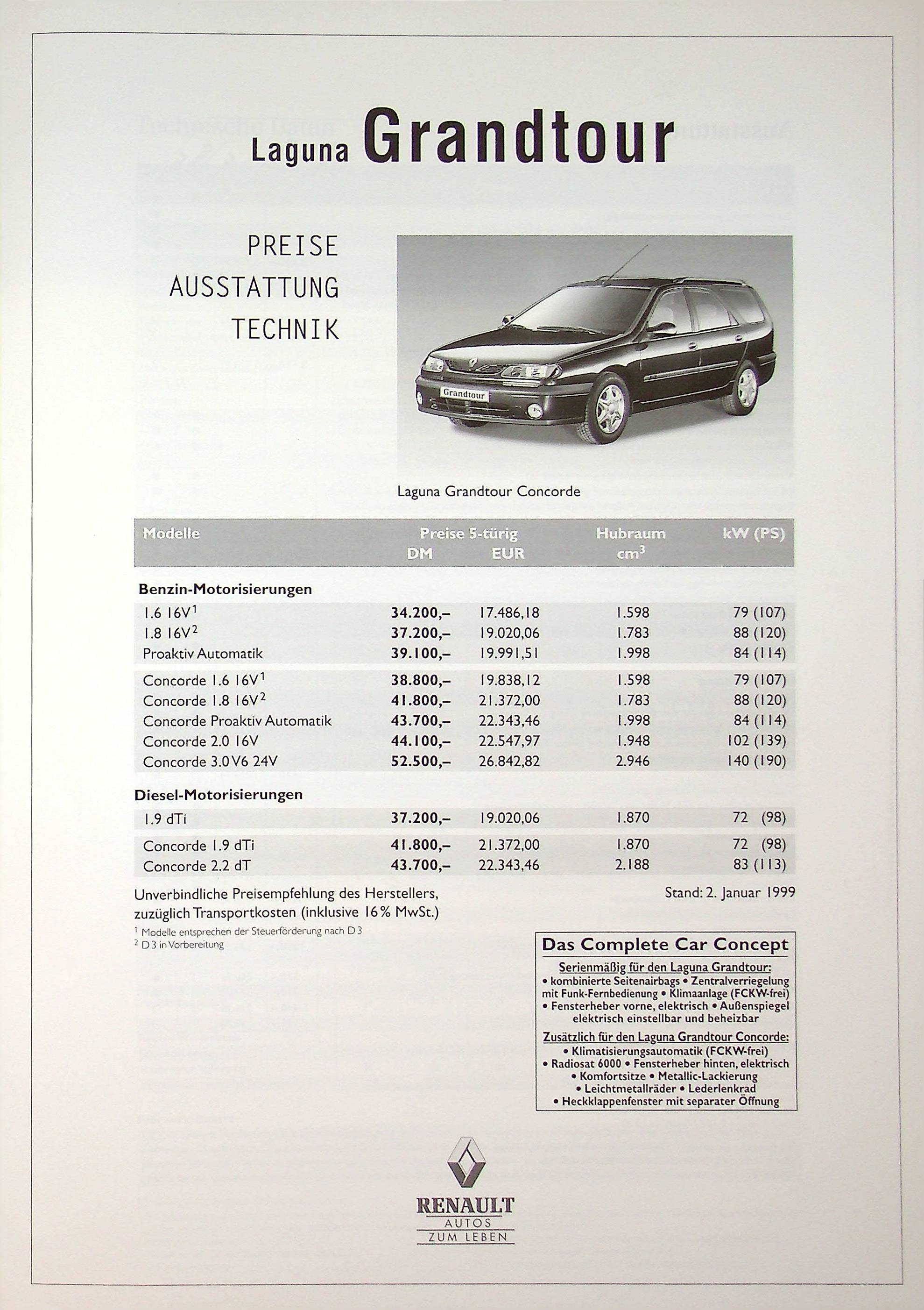 Renault Laguna Grandtour - Preisliste & Extras - Prospekt 01/1999
