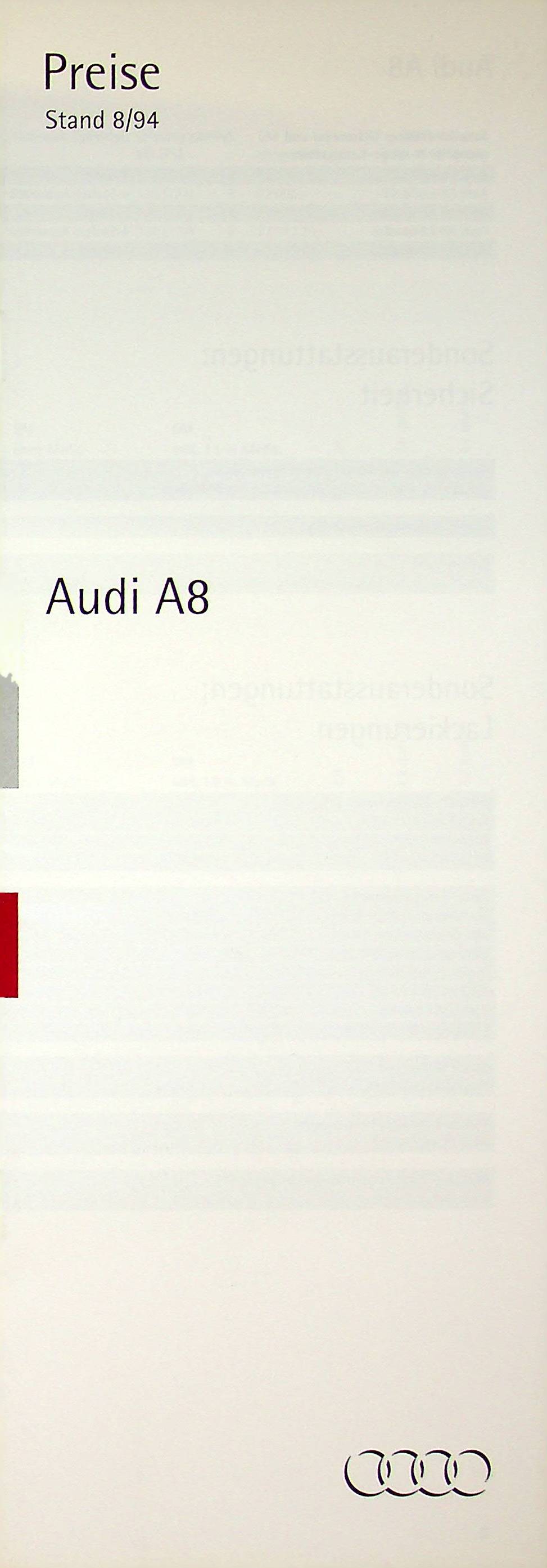 Audi A8 - Preisliste & Extras - Prospekt 08/1994