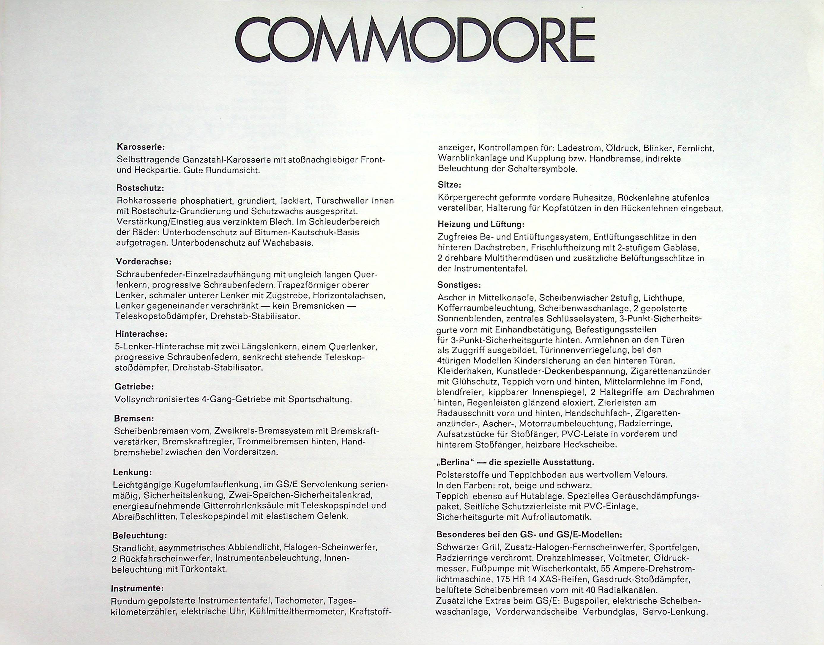 Opel Commodore - technische Daten & Ausstattungen - Prospekt 07/1974