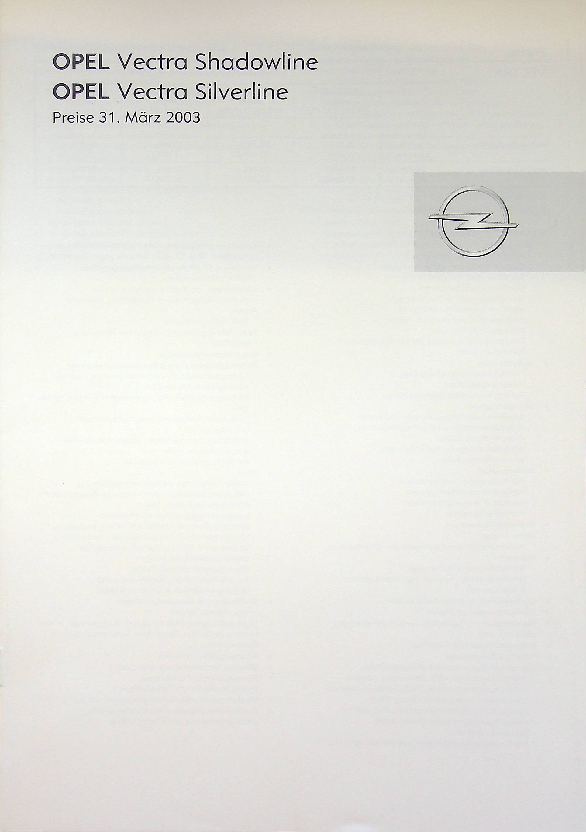 Opel Vectra C Silver Shadow Preise & Extras Prospekt 03/2003